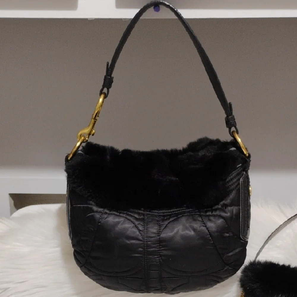 Coach Y2K Black Shoulder Bag W Rabbit Fur Trim & Matching Wallet/Wristlet Bundle